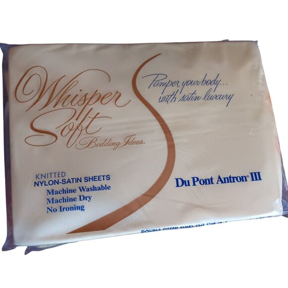 Vtg Sheet Set Whisper Soft Double Nylon Satin Lace Trim Flat Fitted Pillowcase - Picture 5 of 8